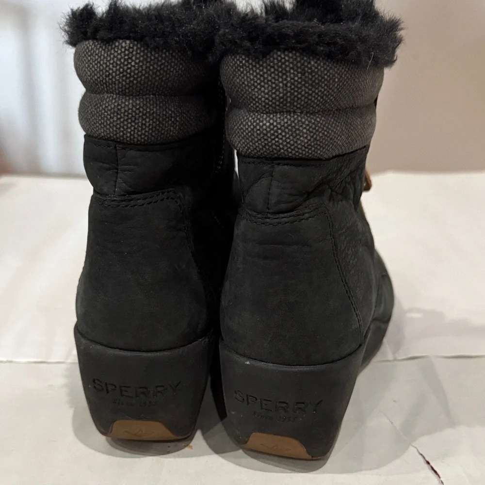 Sperry Black Wedge Boots with Fur Trim